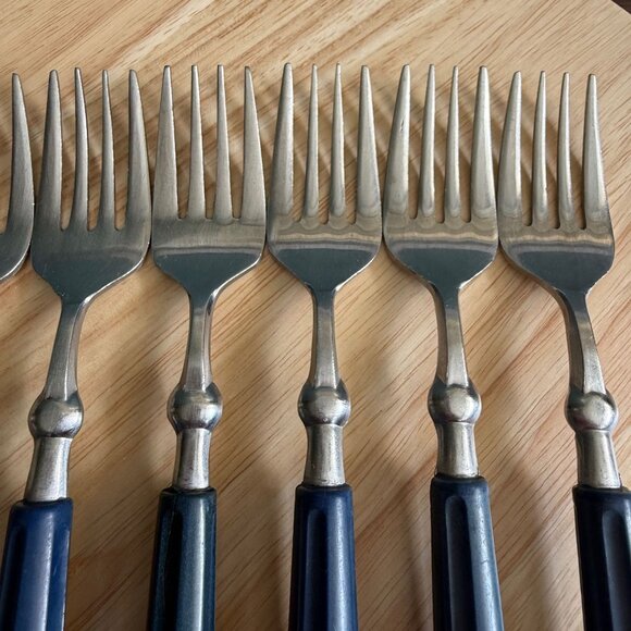 9 Oxford Hall Vintage Salad Fork Blue Handles Stainless Steel 7-1/4" MCM Retro - Picture 3 of 13